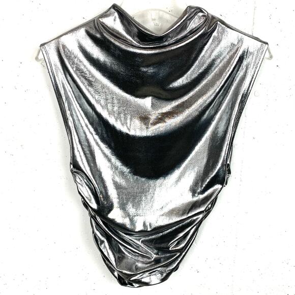 Anthropologie Maeve Mock Neck Ruched Shine Sleeveless Tank Stretch Silver Small - Picture 3 of 9